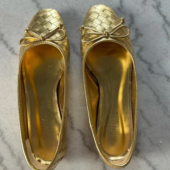 SCHUTZ Gold Woven Ballet Flats with Bow Accent - Picture 4 of 6